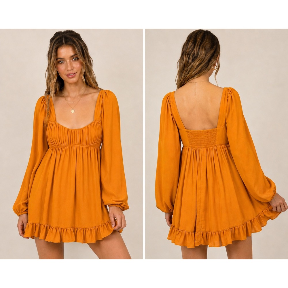 Abercrombie & Fitch Orange Babydoll Mini Dress Milkmaid Ruffle‎ Small